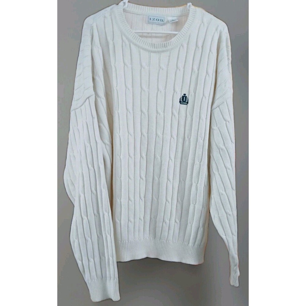 Vintage Cable Knit Sweater XL White IZOD Crest Y2K Preppy Old Money USA Made
